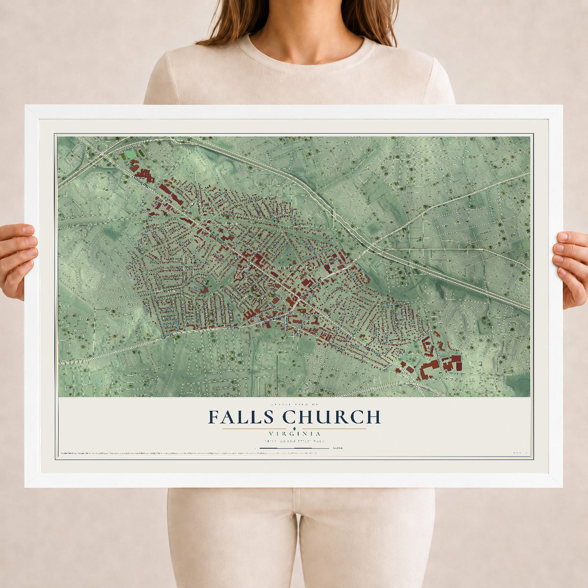 Map of Falls Church, Virginia, 18 x 24 inch print in a white wood frame