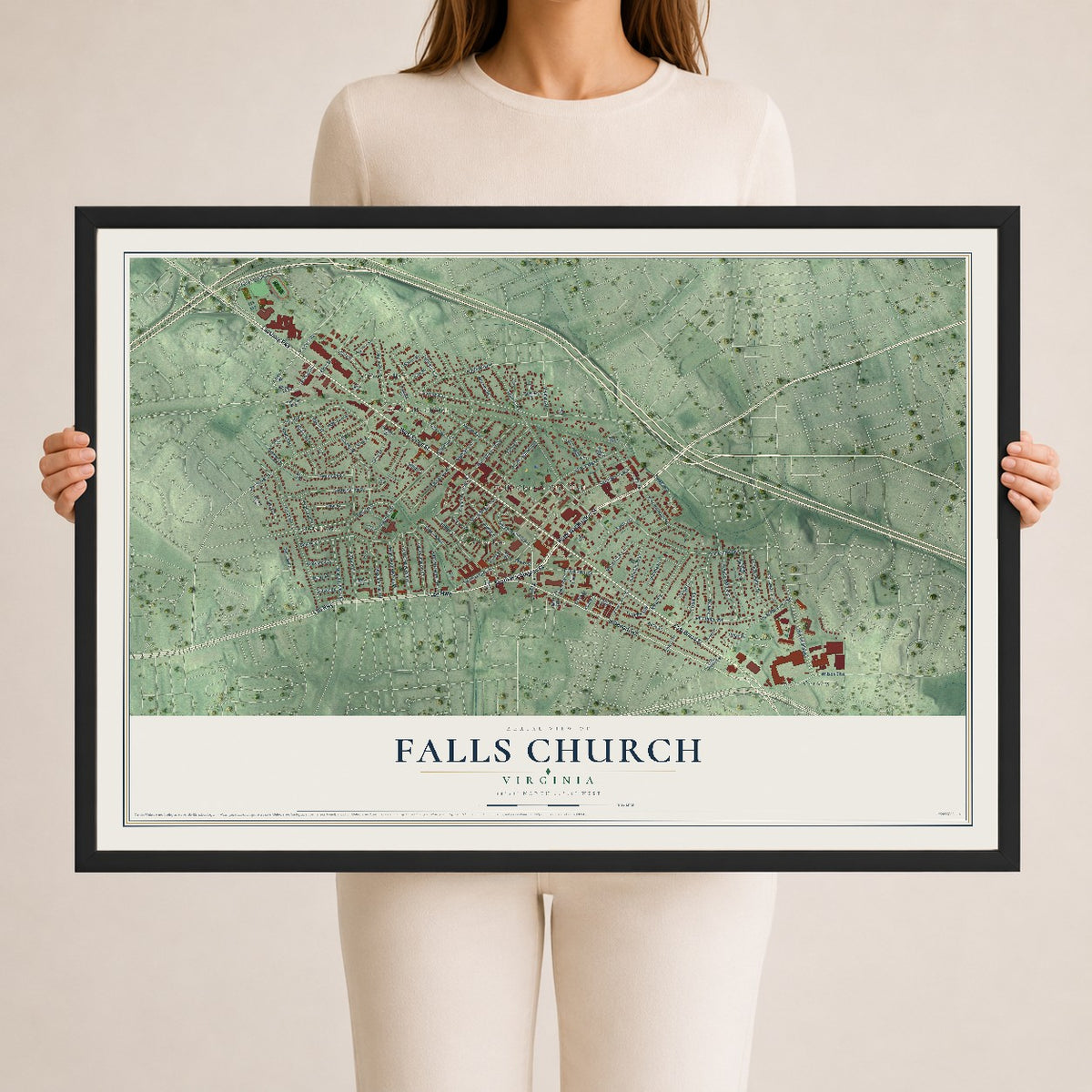 Map of Falls Church, Virginia, 24 x 36 inch print in a black wood frame