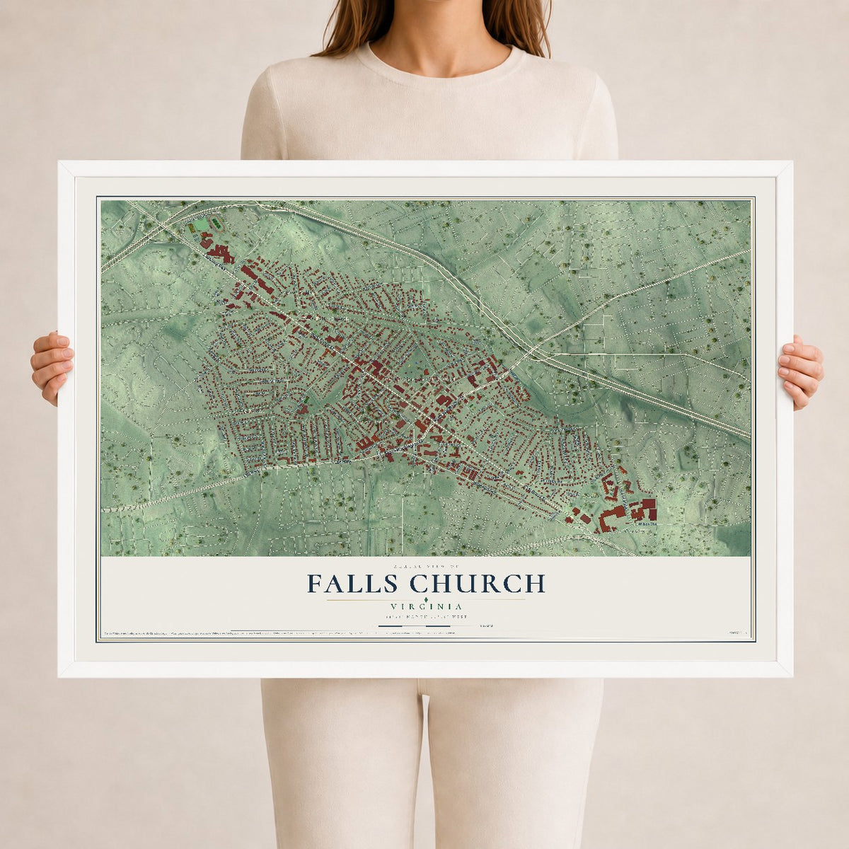 Map of Falls Church, Virginia, 24 x 36 inch print in a white wood frame
