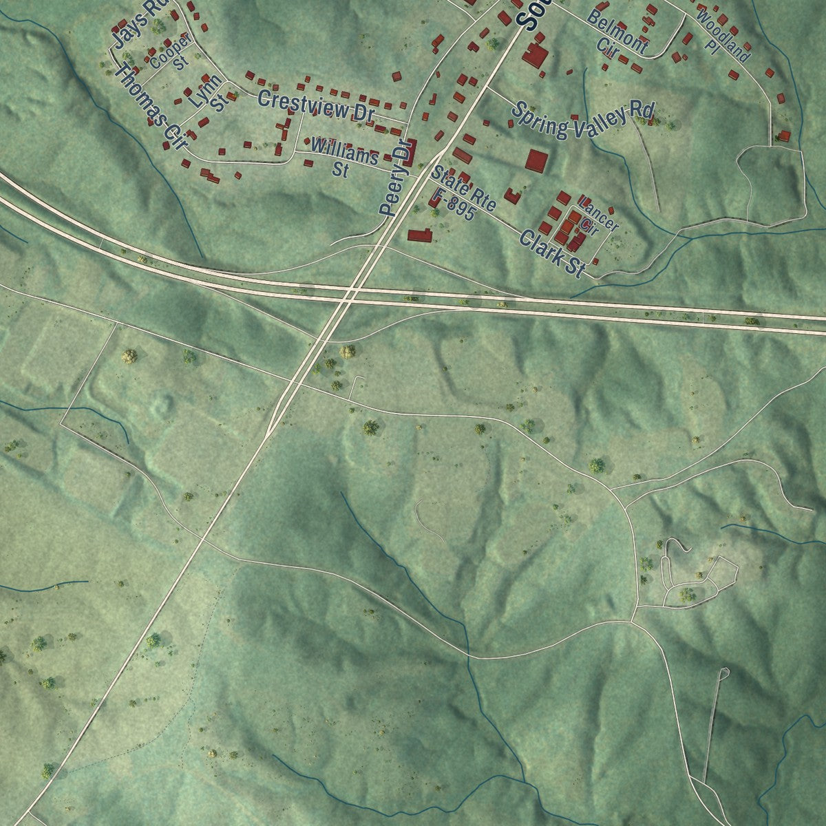 Second close-up of the map of Farmville, Virginia print showing more streets and buildings