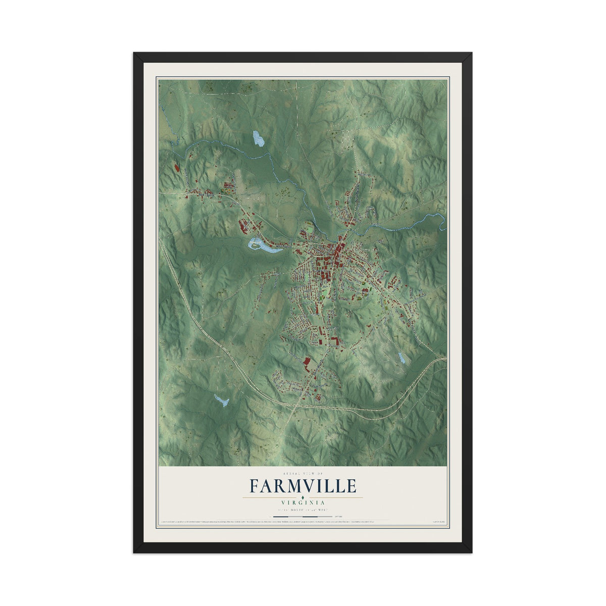 Map of Farmville, Virginia, 12 x 18 inch print in a black wood frame