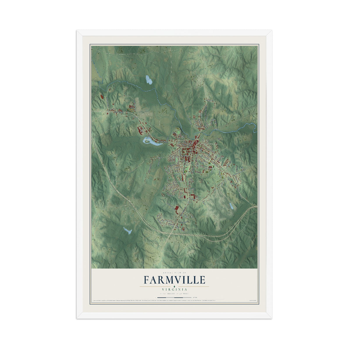 Map of Farmville, Virginia, 12 x 18 inch print in a white wood frame