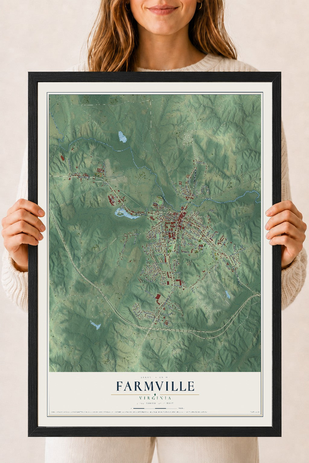 Map of Farmville, Virginia, 18 x 24 inch print in a black wood frame