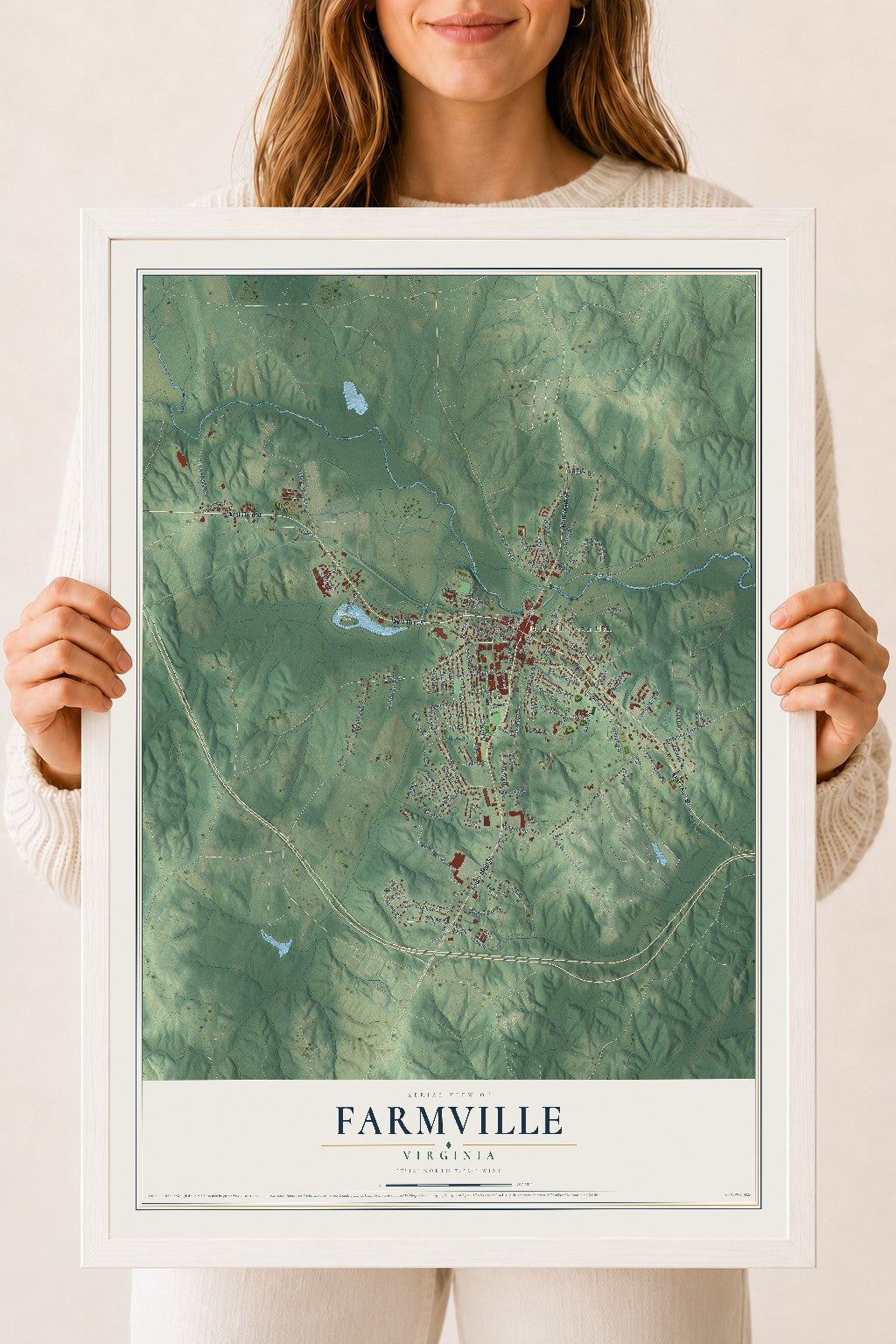 Map of Farmville, Virginia, 18 x 24 inch print in a white wood frame