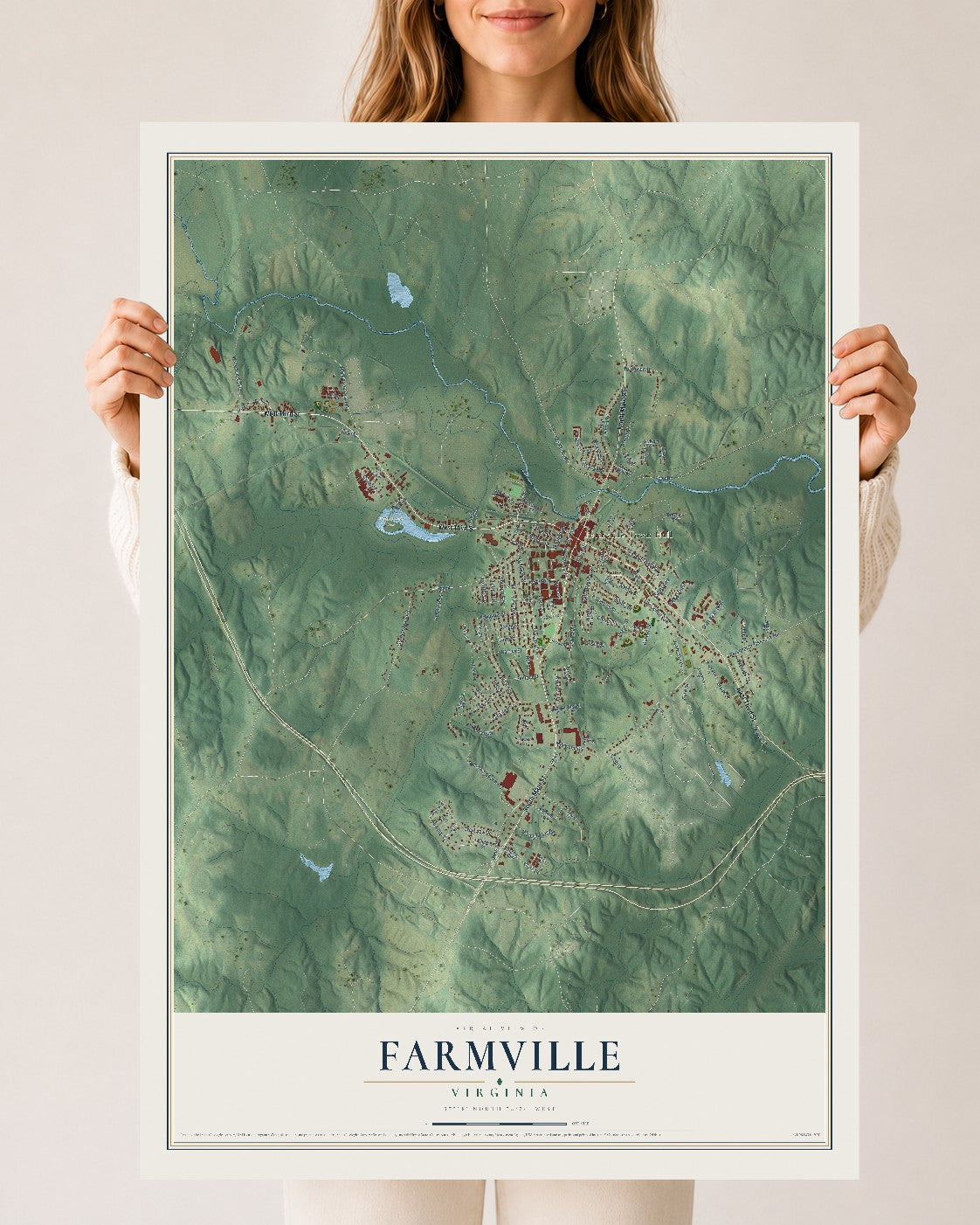 Map of Farmville, Virginia, 24 x 36 inch unframed archival matte print