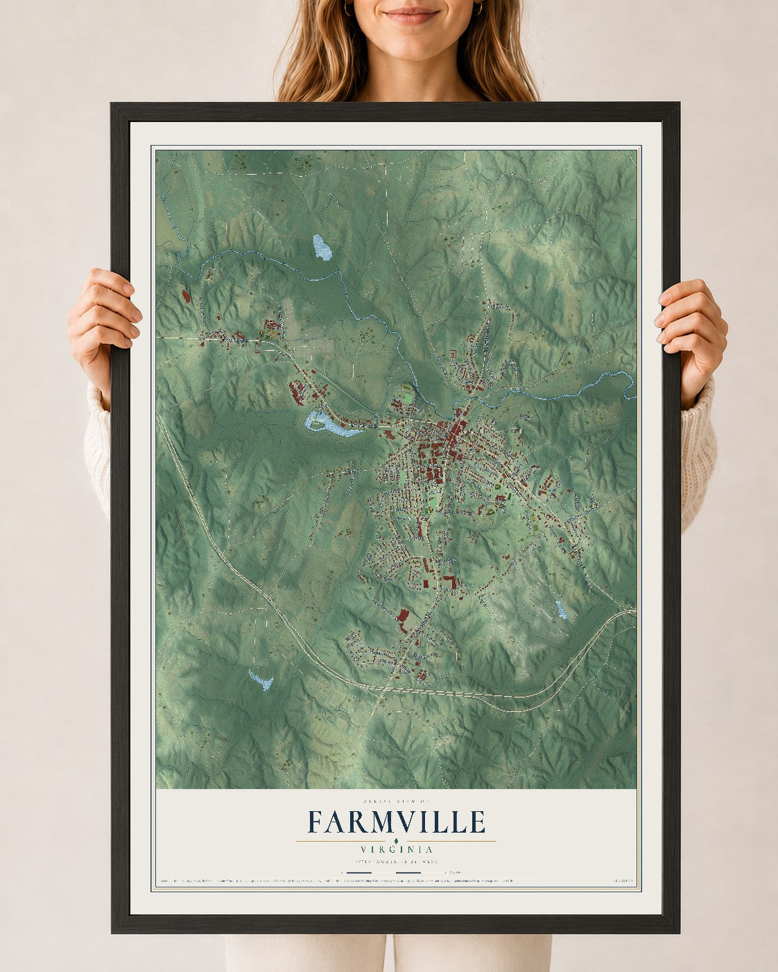 Map of Farmville, Virginia, 24 x 36 inch print in a black wood frame