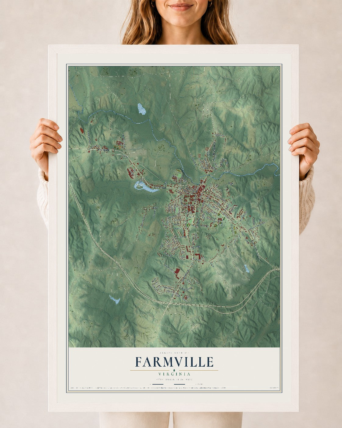 Map of Farmville, Virginia, 24 x 36 inch print in a white wood frame