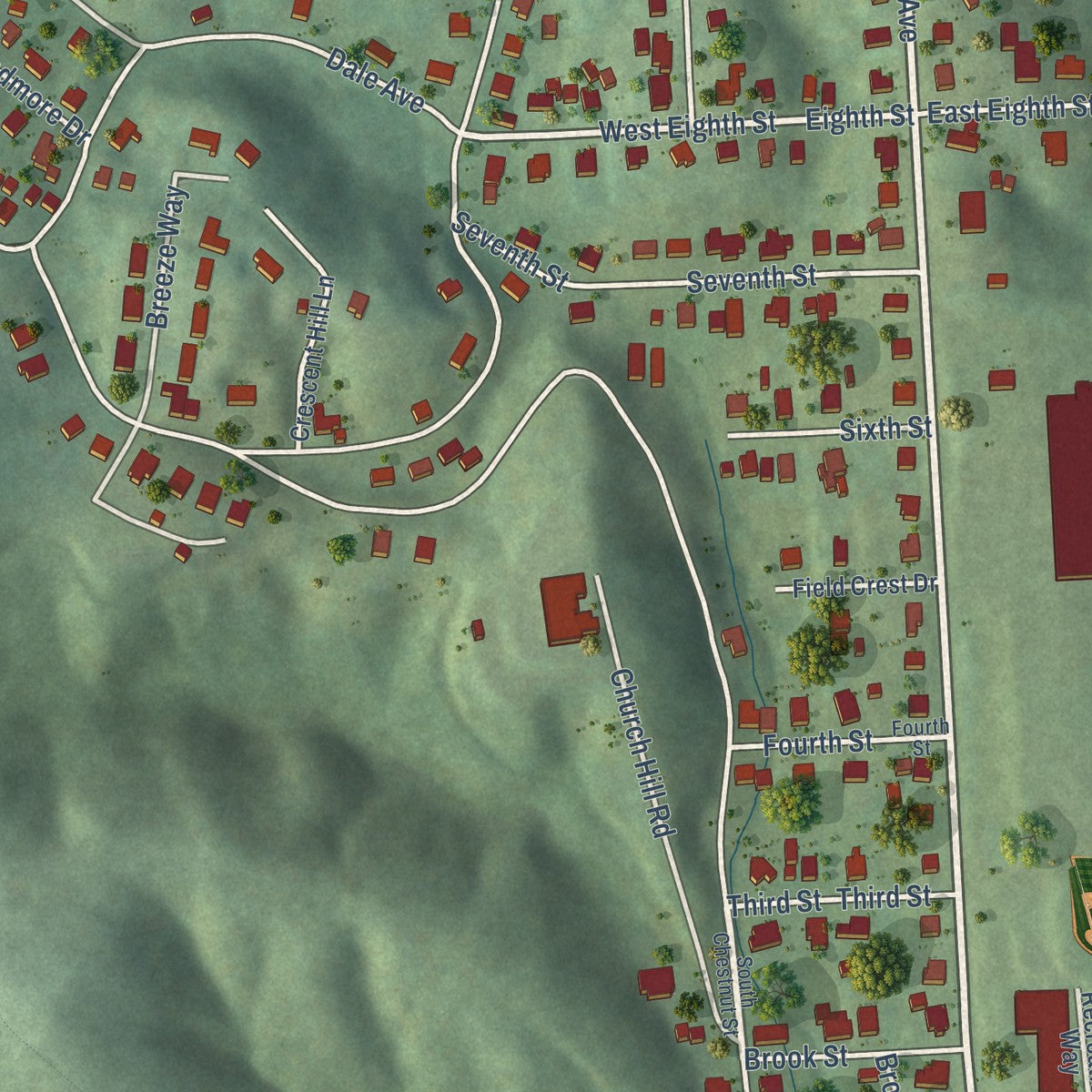 Close-up of the map of Fieldale, Virginia print showing street and building detail