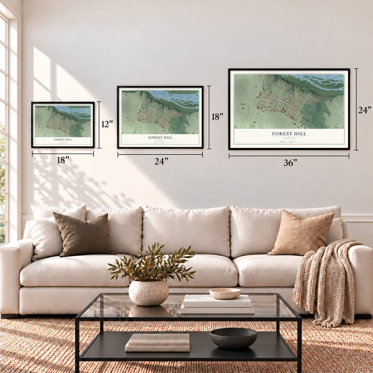Forest Hill, Virginia map in 12 x 18, 18 x 24 and 24 x 36 inch sizes above a sofa