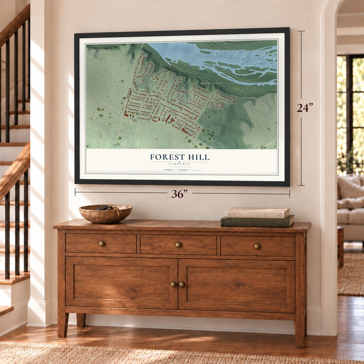 Forest Hill, Virginia map, 24 x 36 inch print in a black frame above a dresser by a staircase