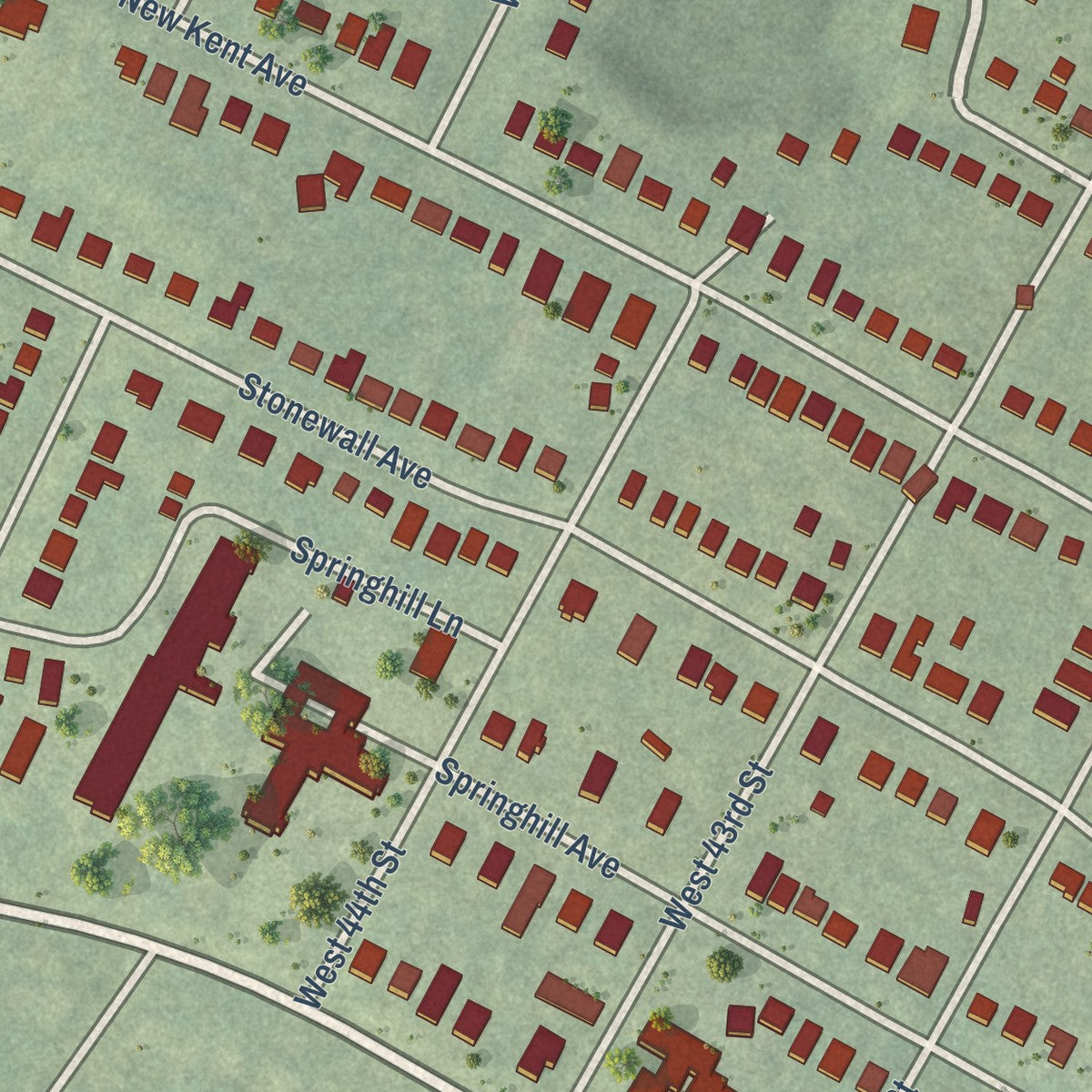 Close-up of the map of Forest Hill, Virginia print showing street and building detail