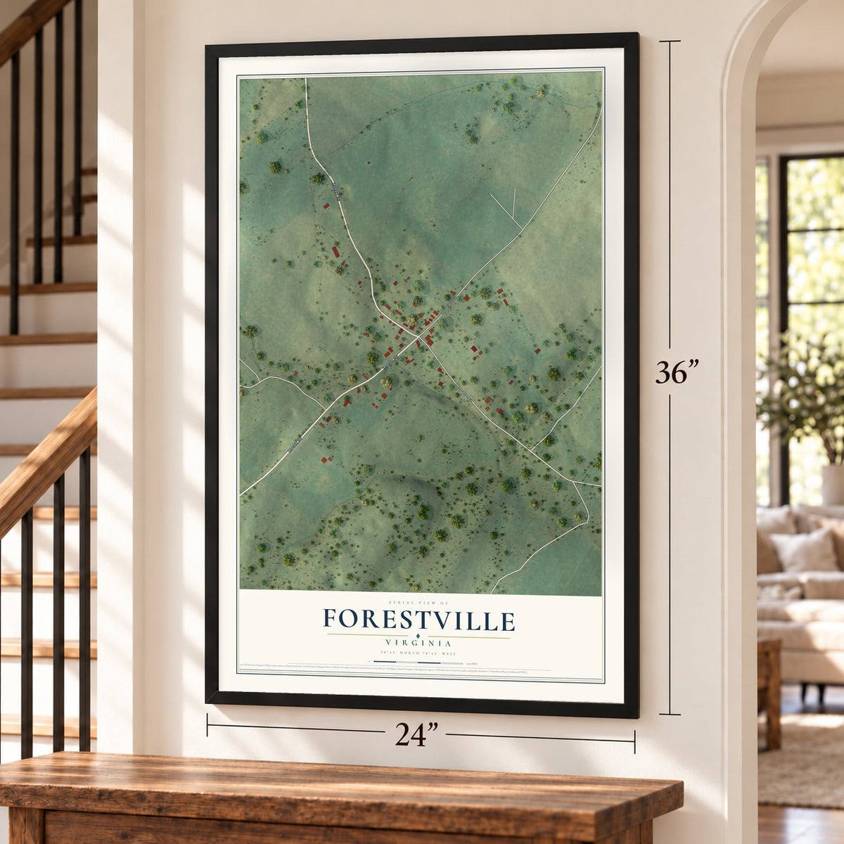 Forestville, Virginia map, 24 x 36 inch print in a black frame by a staircase