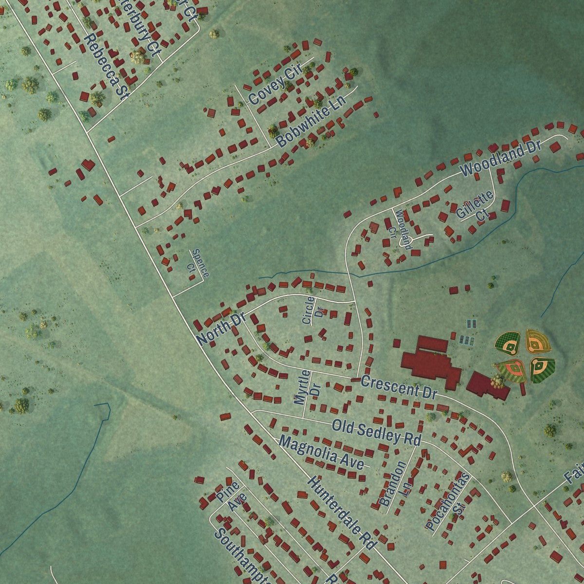 Second close-up of the map of Franklin, Virginia print showing more streets and buildings