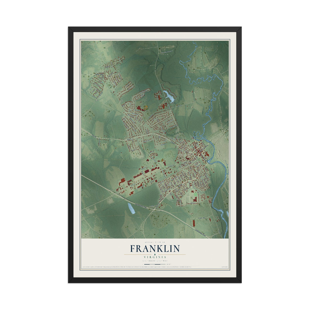 Map of Franklin, Virginia, 12 x 18 inch print in a black wood frame