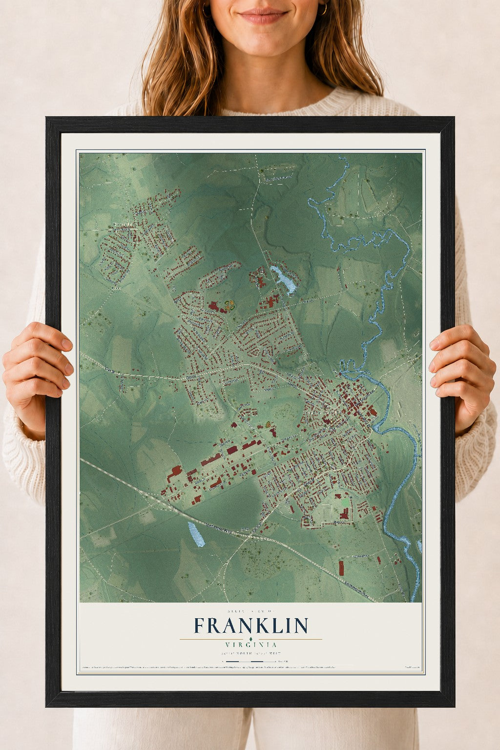 Map of Franklin, Virginia, 18 x 24 inch print in a black wood frame