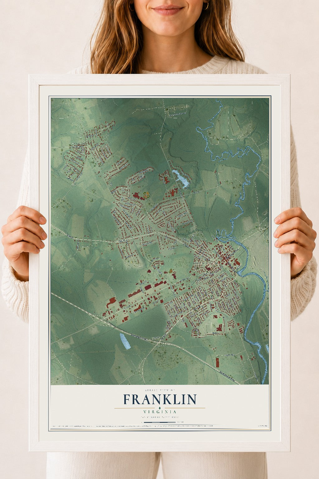 Map of Franklin, Virginia, 18 x 24 inch print in a white wood frame