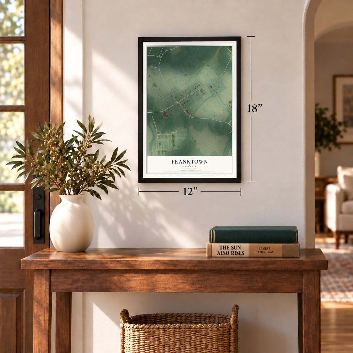 Franktown, Virginia map, 12 x 18 inch print in a black frame in an entryway