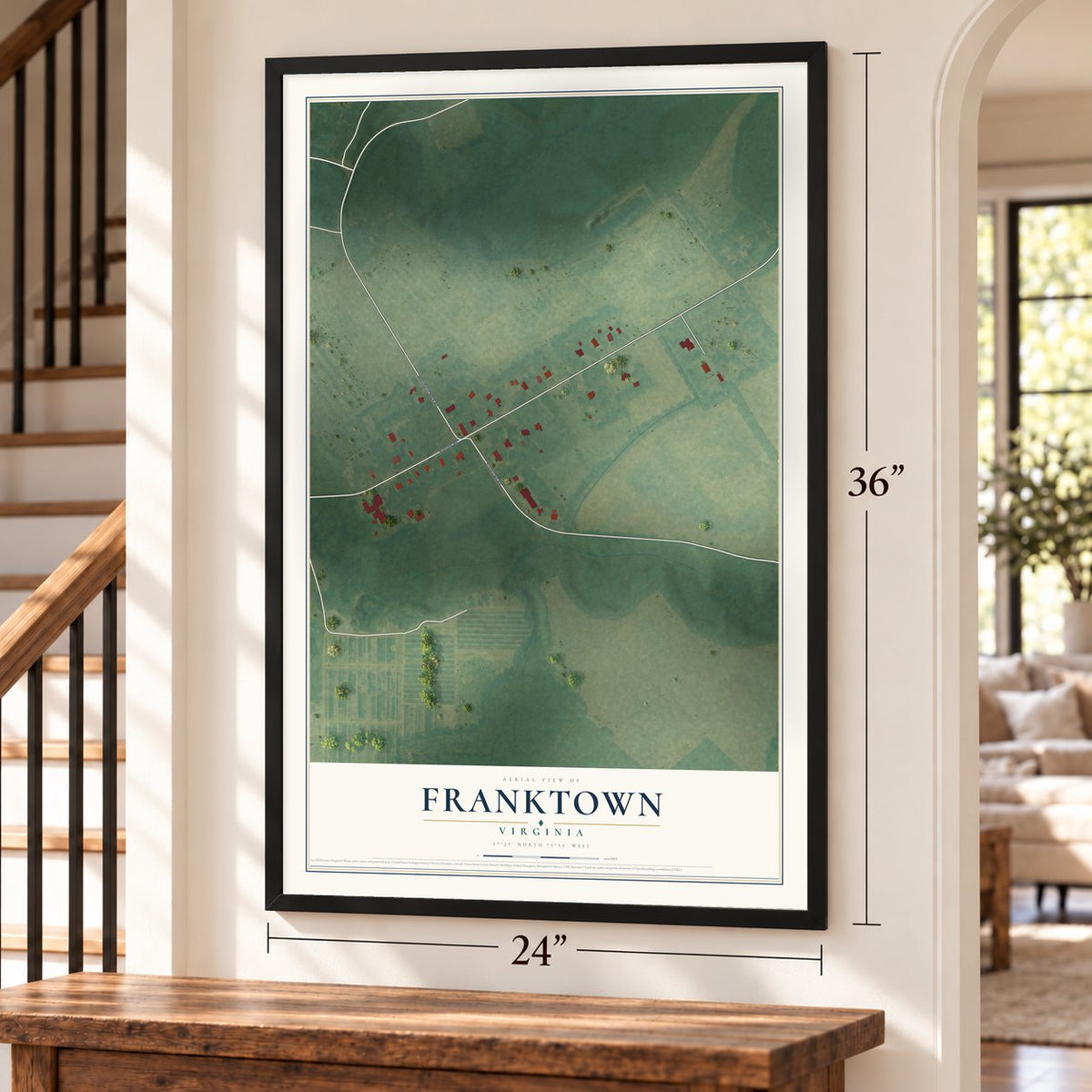Franktown, Virginia map, 24 x 36 inch print in a black frame by a staircase
