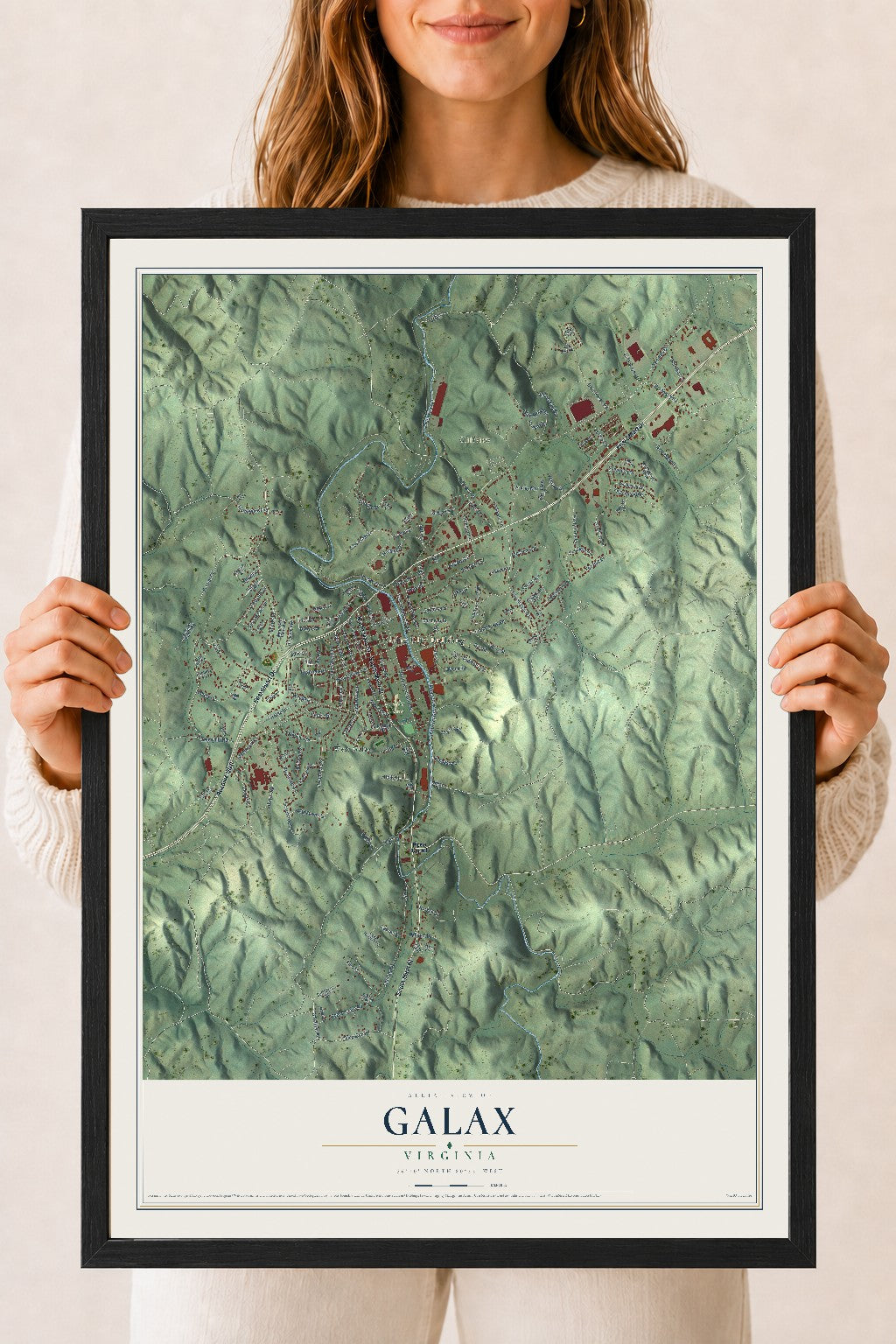 Map of Galax, Virginia, 18 x 24 inch print in a black wood frame