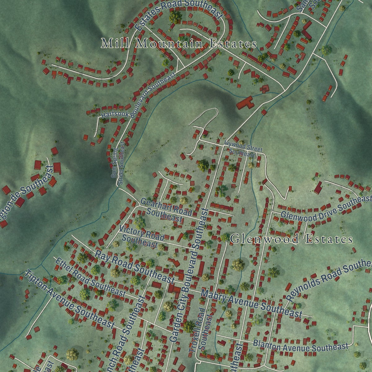 Close-up of the map of Garden City, Virginia print showing street and building detail