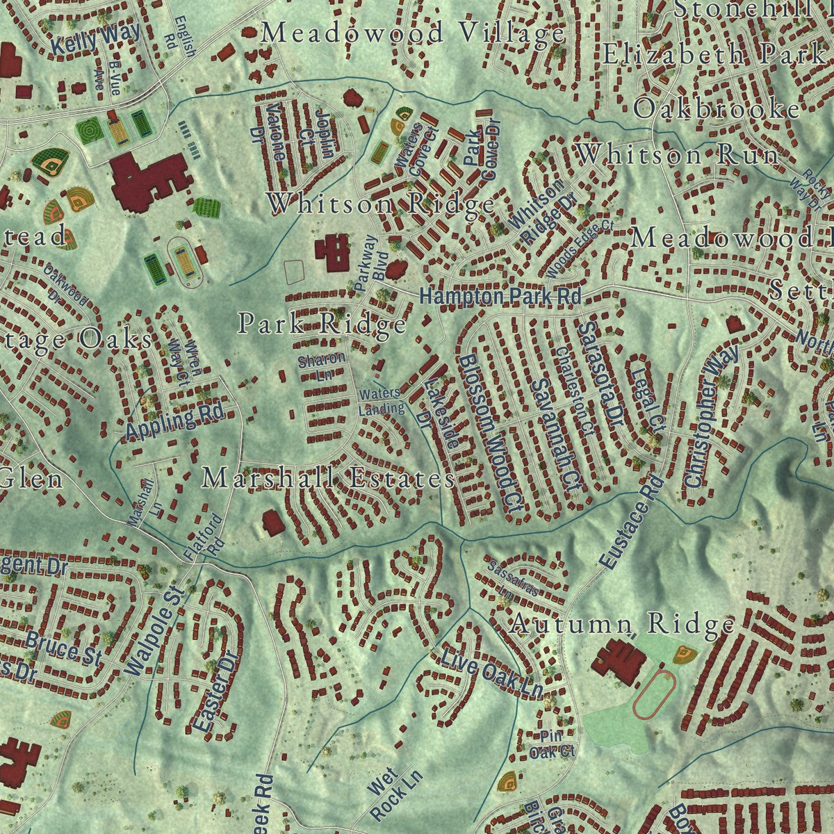 Close-up of the map of Garrisonville, Virginia print showing street and building detail