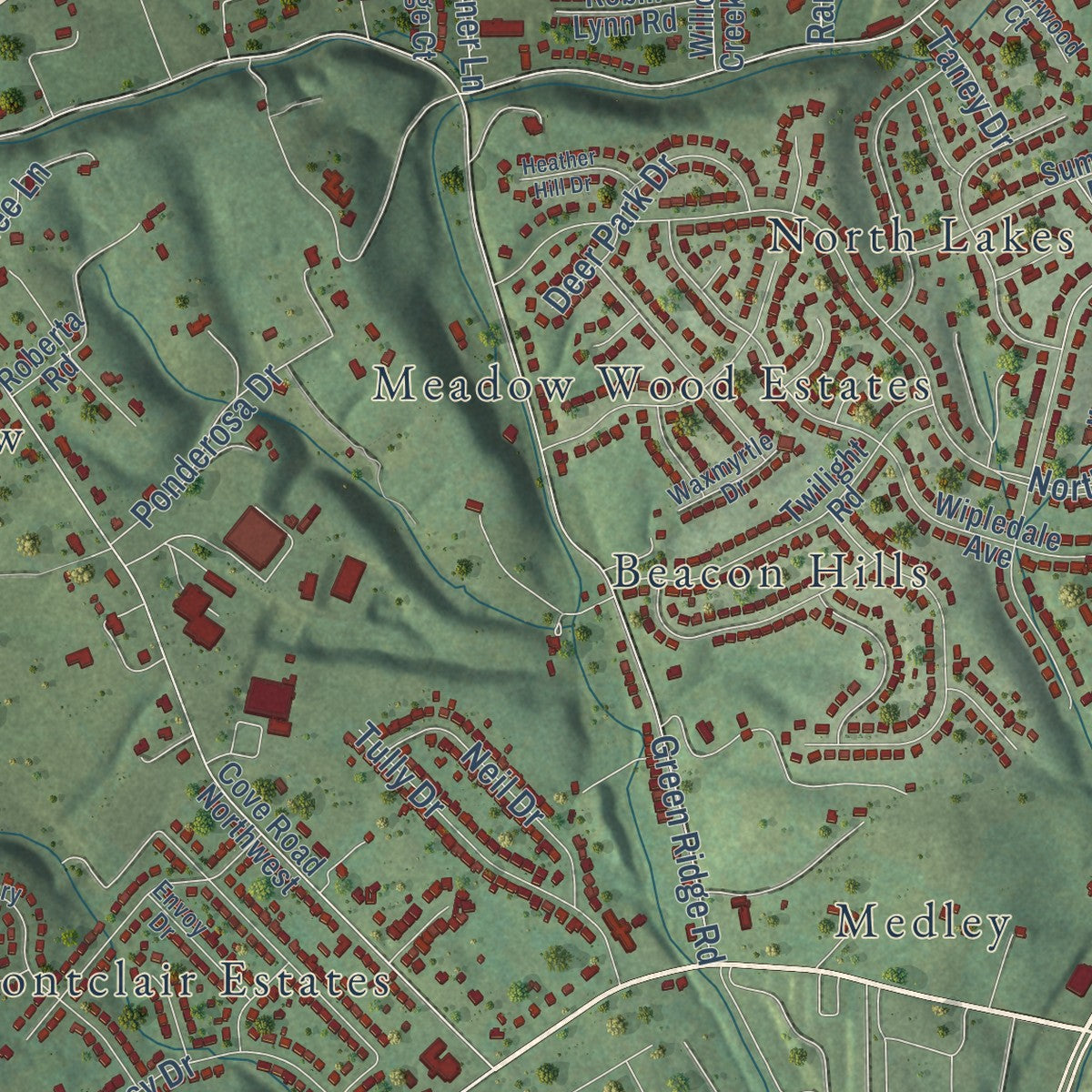 Close-up of the map of Glen Cove, Virginia print showing street and building detail