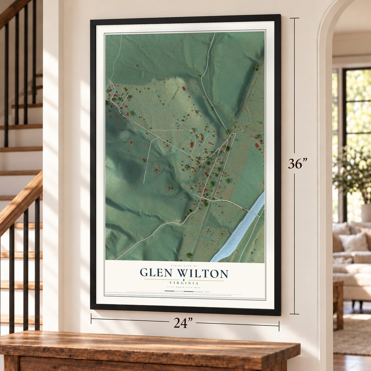 Glen Wilton, Virginia map, 24 x 36 inch print in a black frame by a staircase