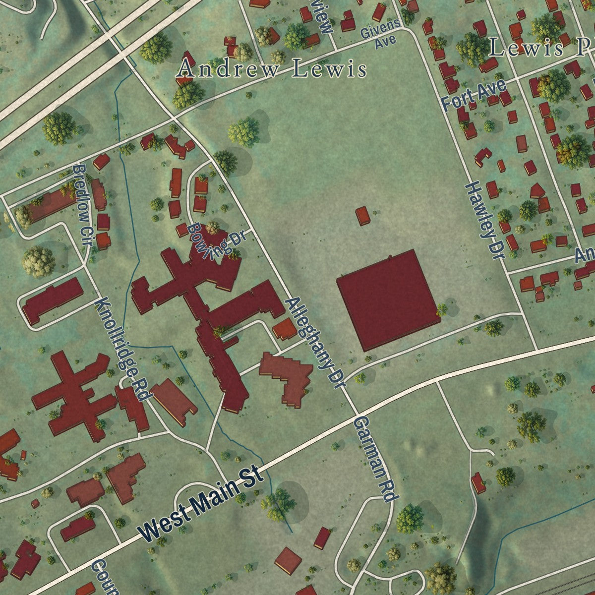 Close-up of the map of Glenvar, Virginia print showing street and building detail