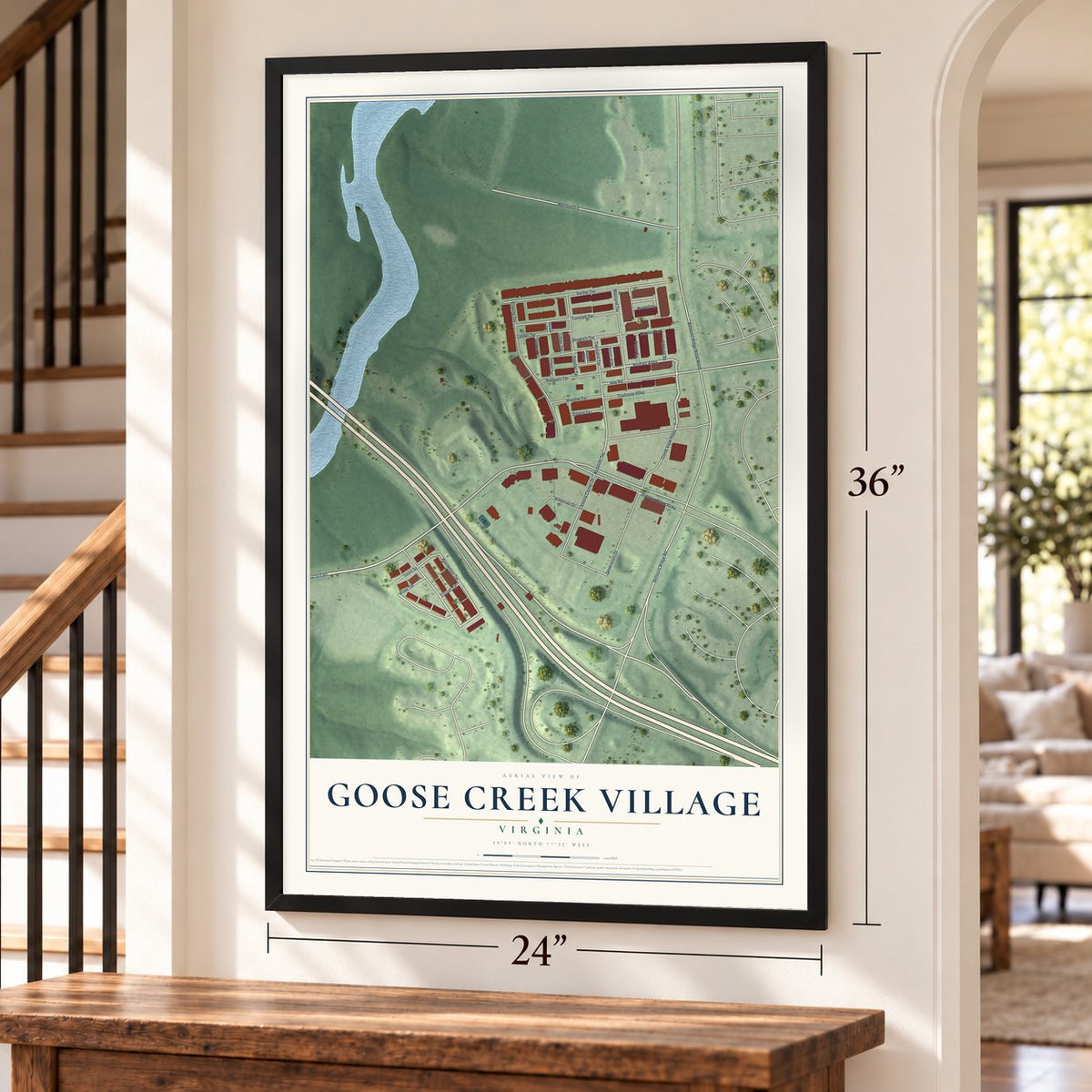 Goose Creek Village, Virginia map, 24 x 36 inch print in a black frame by a staircase