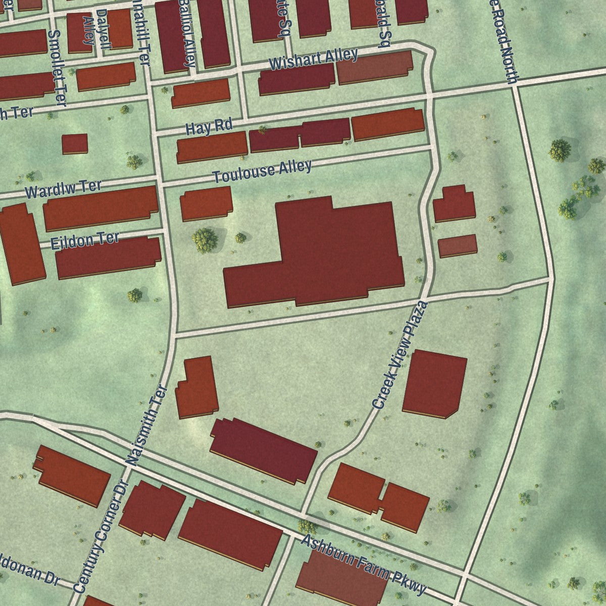 Close-up of the map of Goose Creek Village, Virginia print showing street and building detail