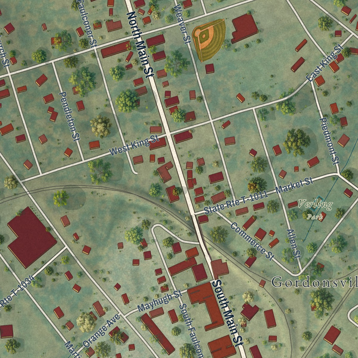Close-up of the map of Gordonsville, Virginia print showing street and building detail