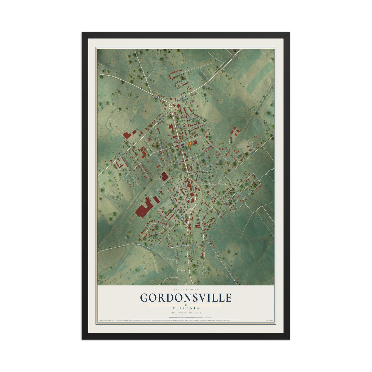Map of Gordonsville, Virginia, 12 x 18 inch print in a black wood frame
