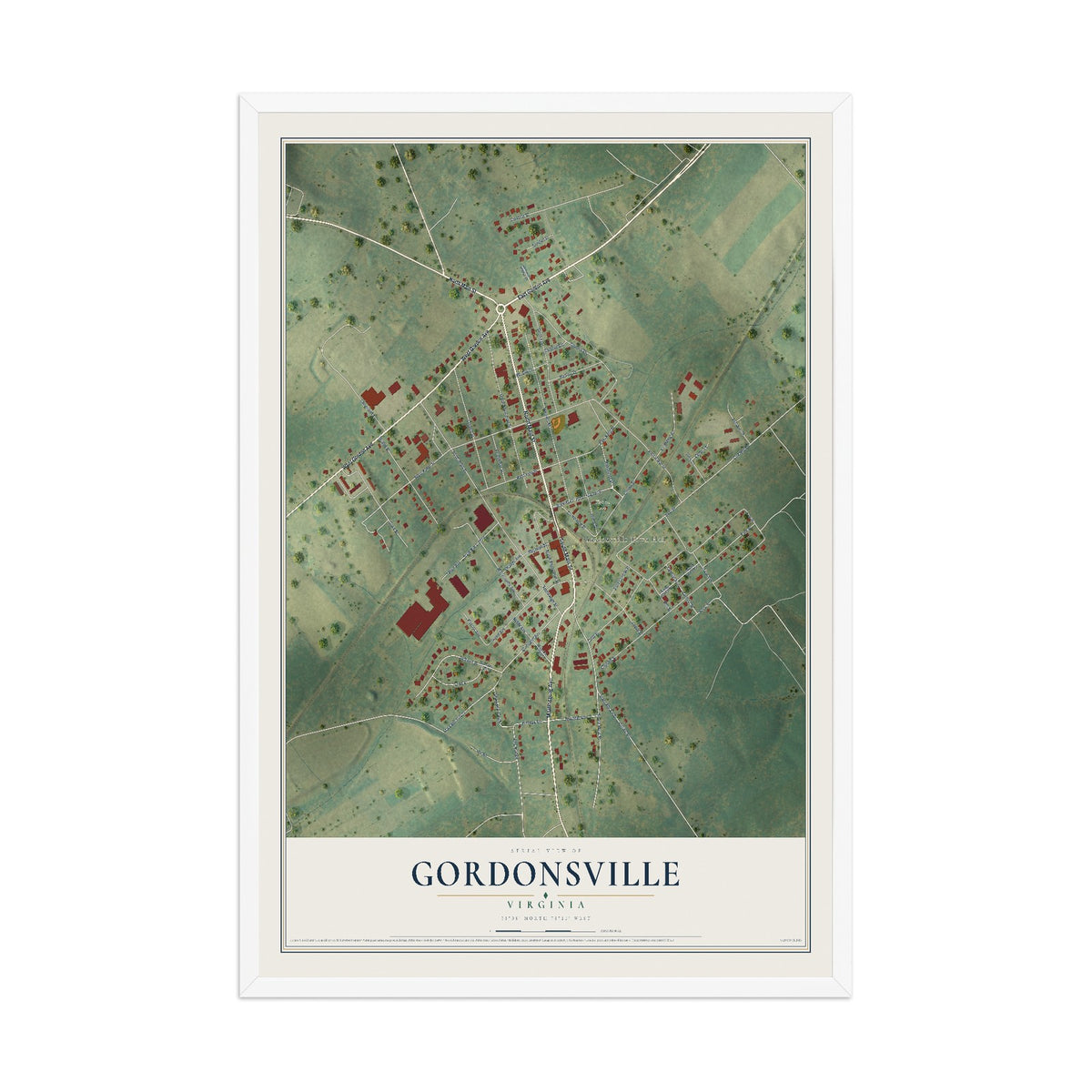 Map of Gordonsville, Virginia, 12 x 18 inch print in a white wood frame