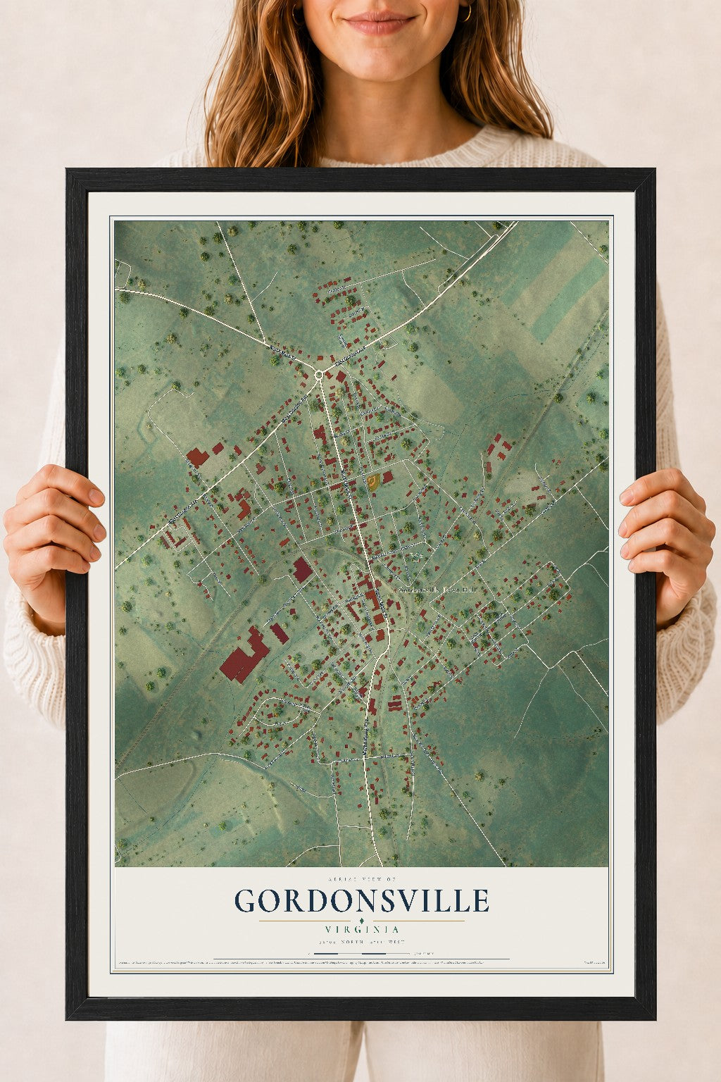 Map of Gordonsville, Virginia, 18 x 24 inch print in a black wood frame