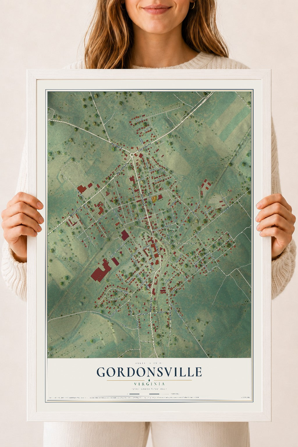 Map of Gordonsville, Virginia, 18 x 24 inch print in a white wood frame