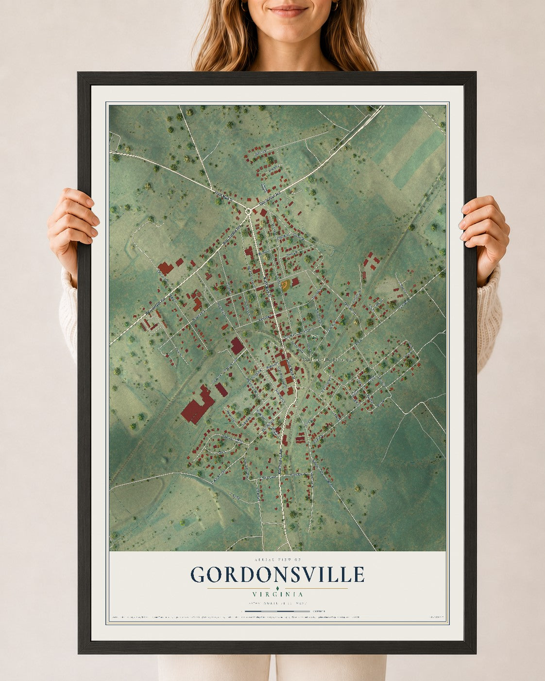 Map of Gordonsville, Virginia, 24 x 36 inch print in a black wood frame