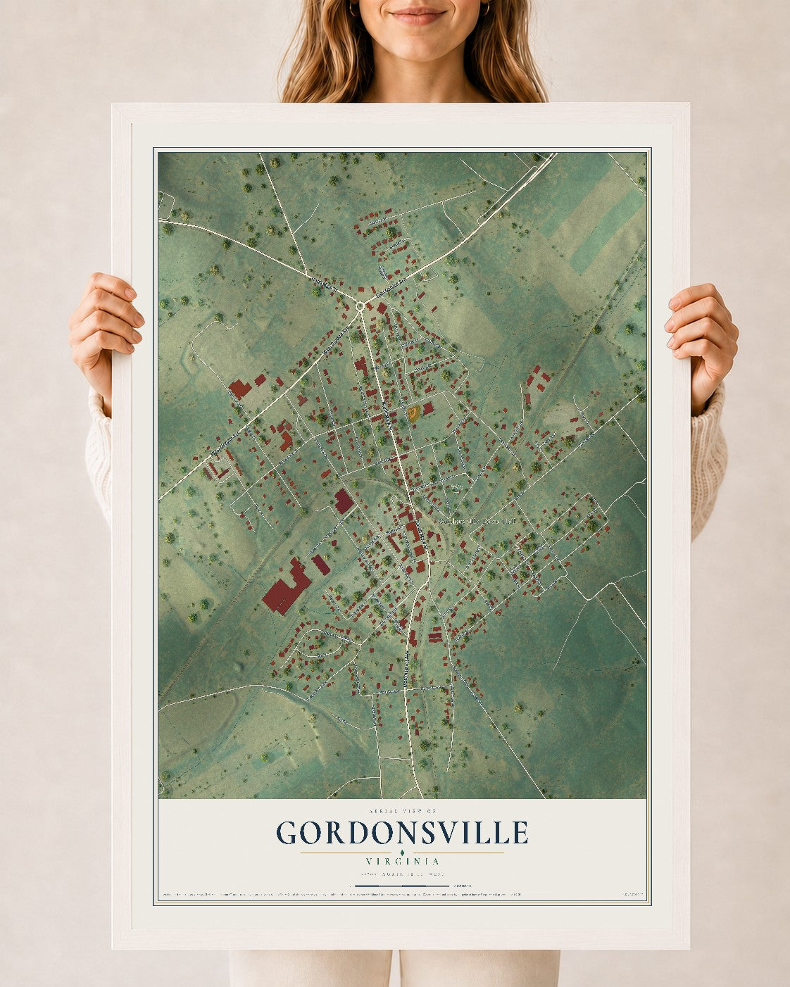 Map of Gordonsville, Virginia, 24 x 36 inch print in a white wood frame