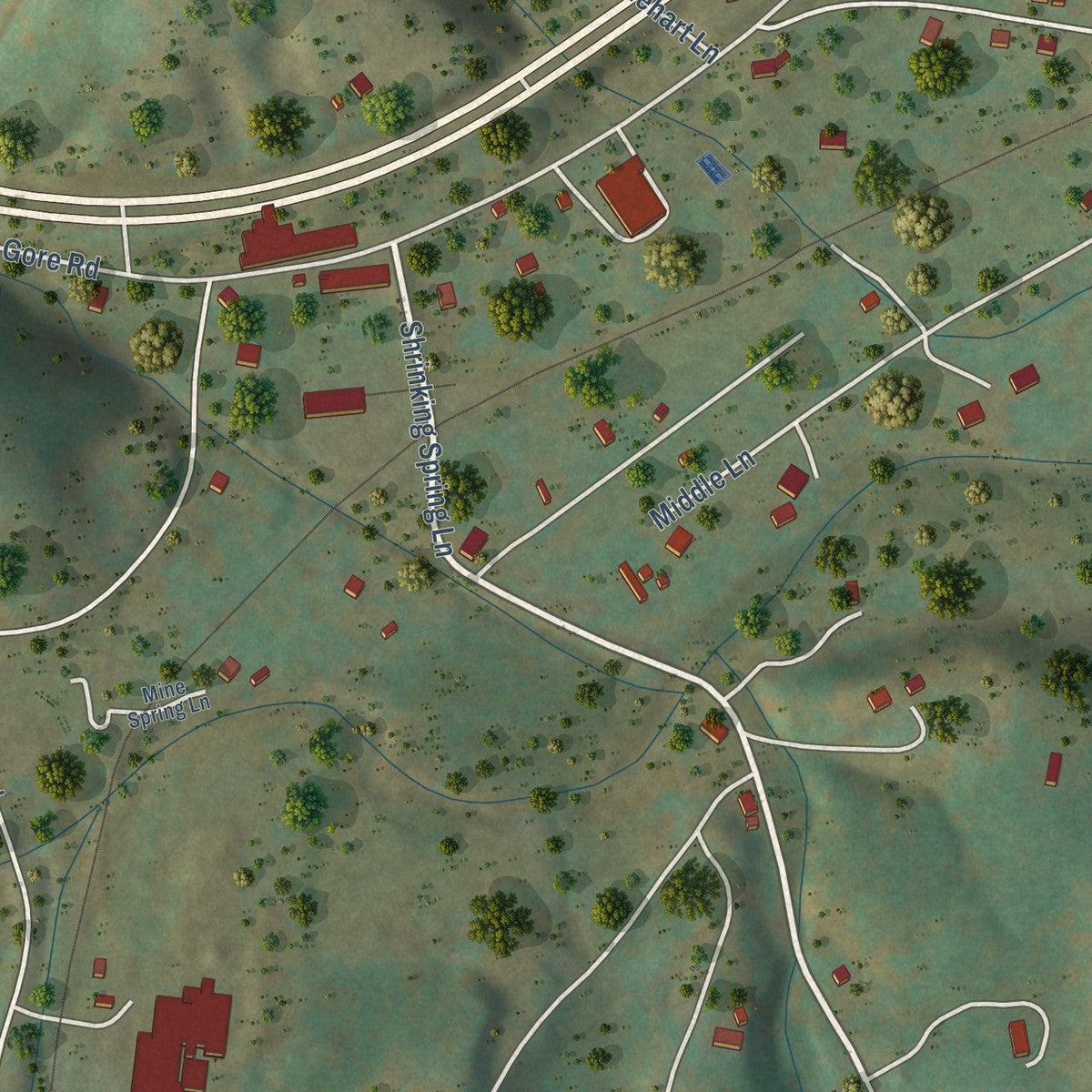 Close-up of the map of Gore, Virginia print showing street and building detail
