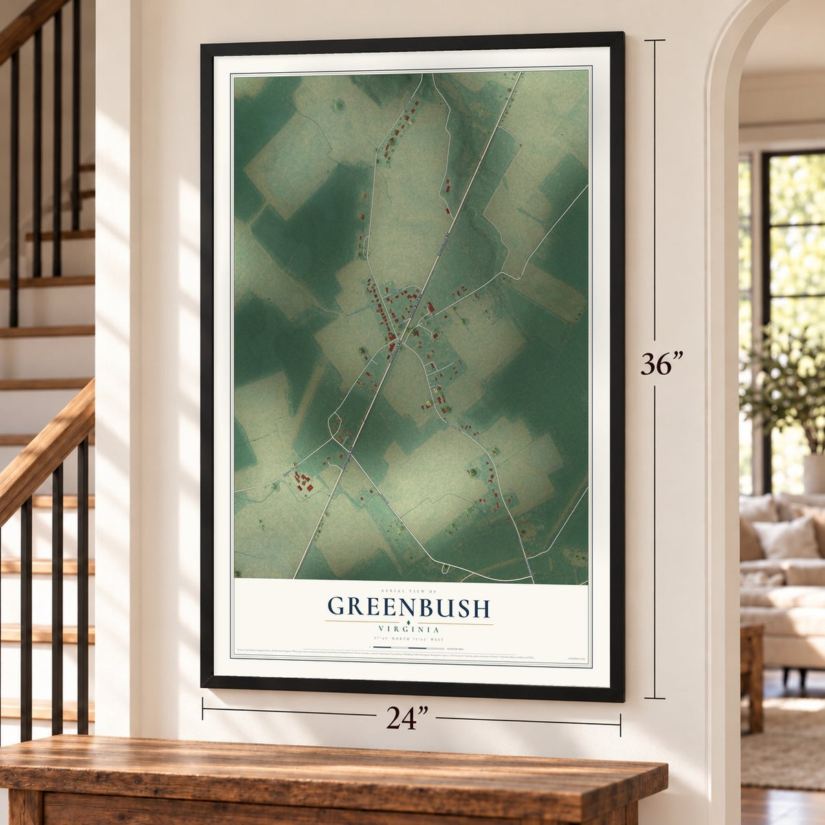 Greenbush, Virginia map, 24 x 36 inch print in a black frame by a staircase