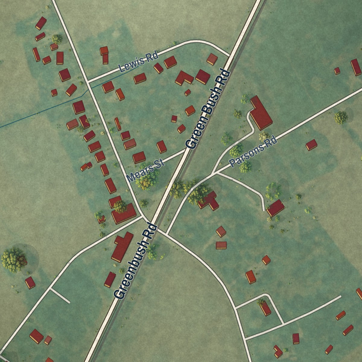 Close-up of the map of Greenbush, Virginia print showing street and building detail