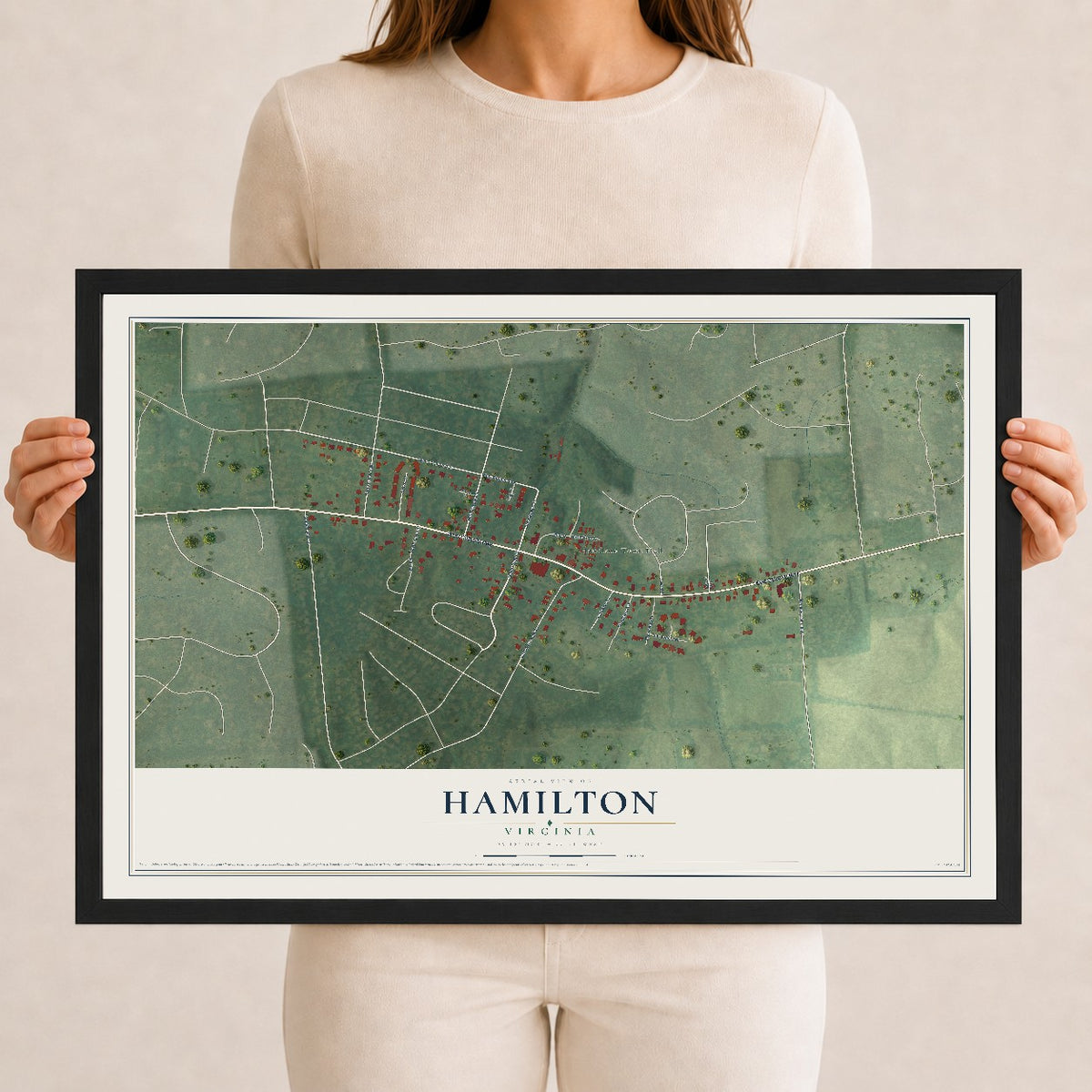 Map of Hamilton, Virginia, 12 x 18 inch print in a black wood frame