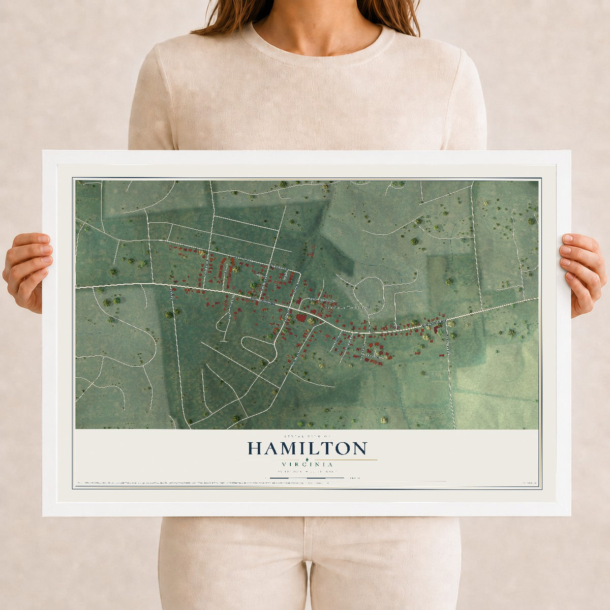 Map of Hamilton, Virginia, 12 x 18 inch print in a white wood frame
