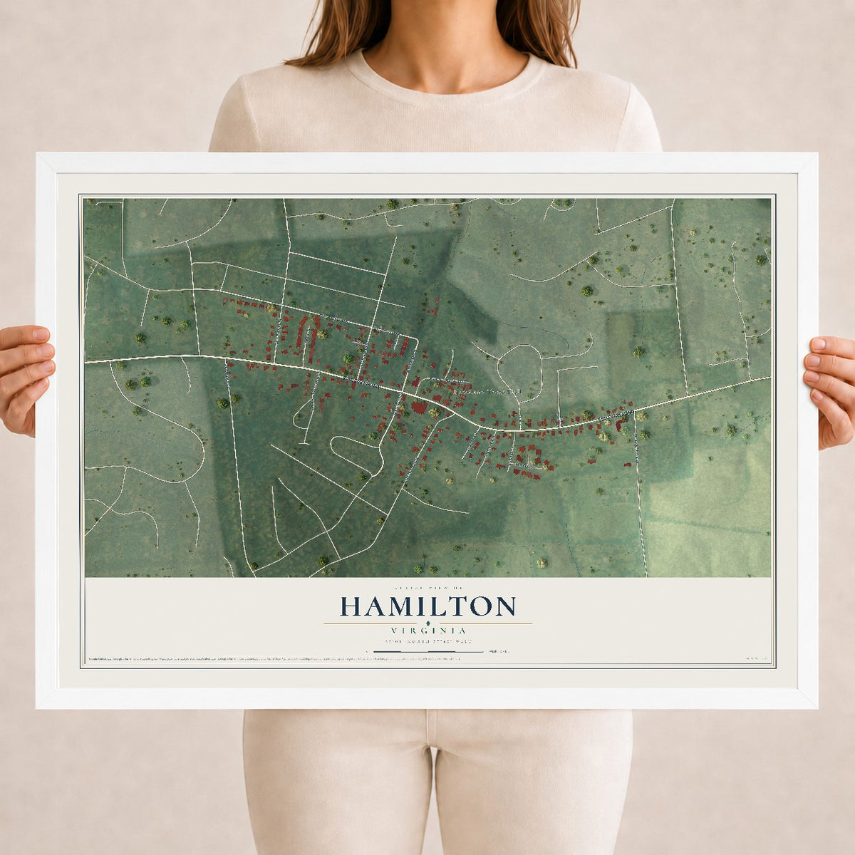 Map of Hamilton, Virginia, 18 x 24 inch print in a white wood frame