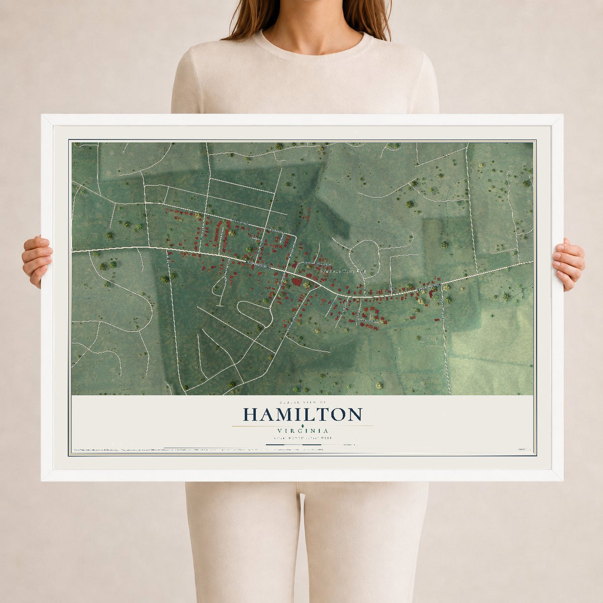 Map of Hamilton, Virginia, 24 x 36 inch print in a white wood frame