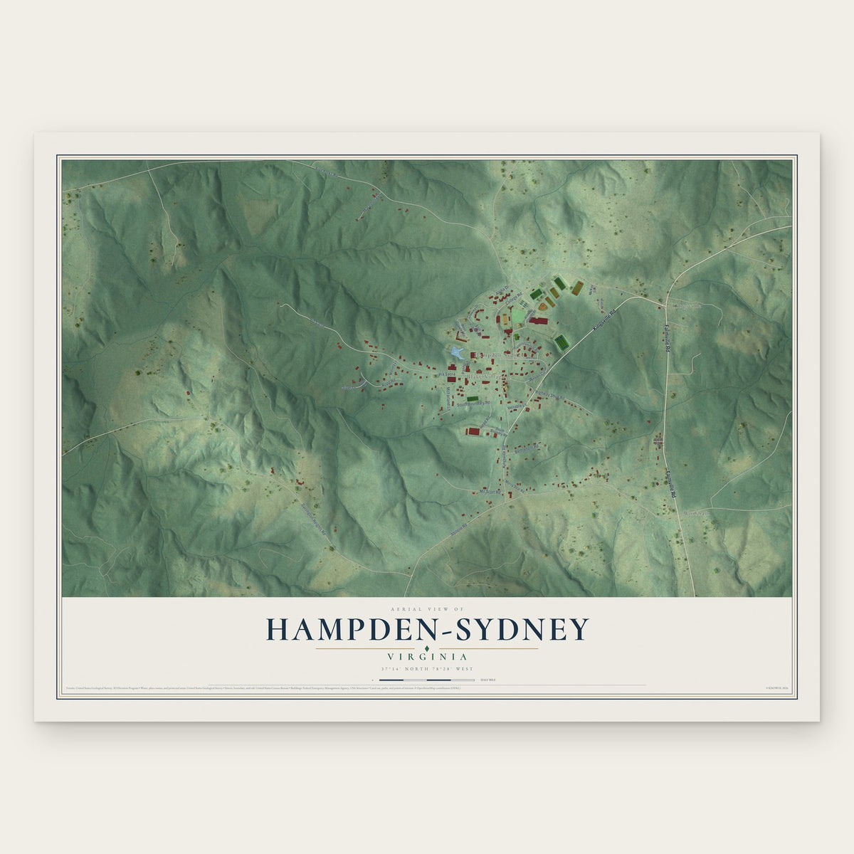 Hampden-Sydney, Virginia map print, the full design
