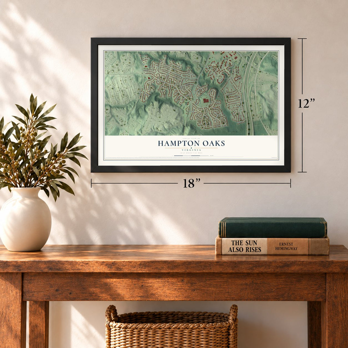 Hampton Oaks, Virginia map, 12 x 18 inch print in a black frame in an entryway