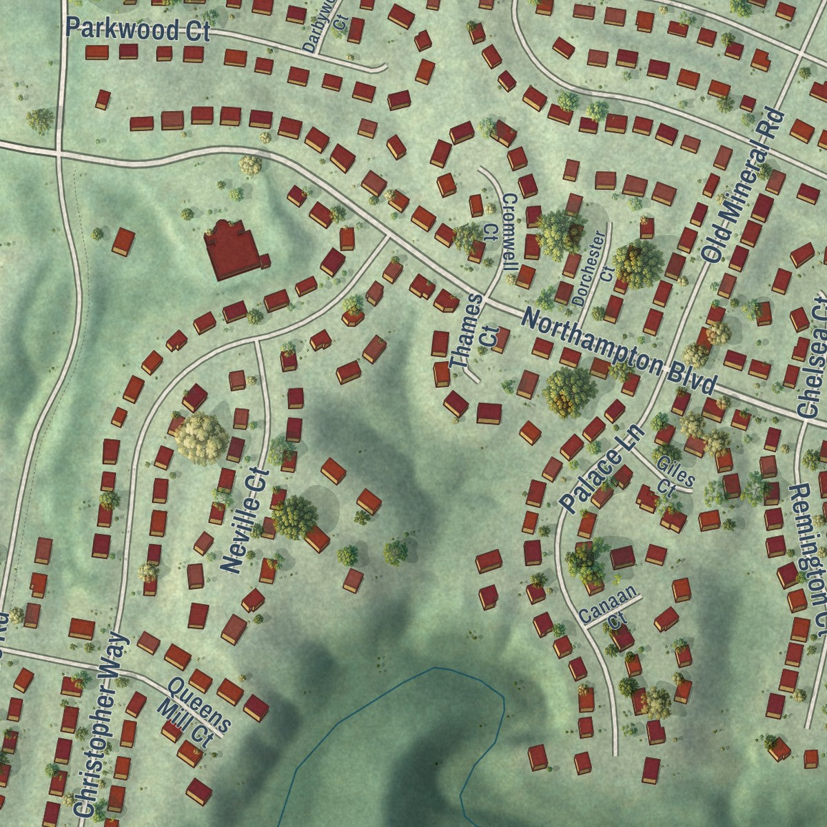 Close-up of the map of Hampton Oaks, Virginia print showing street and building detail