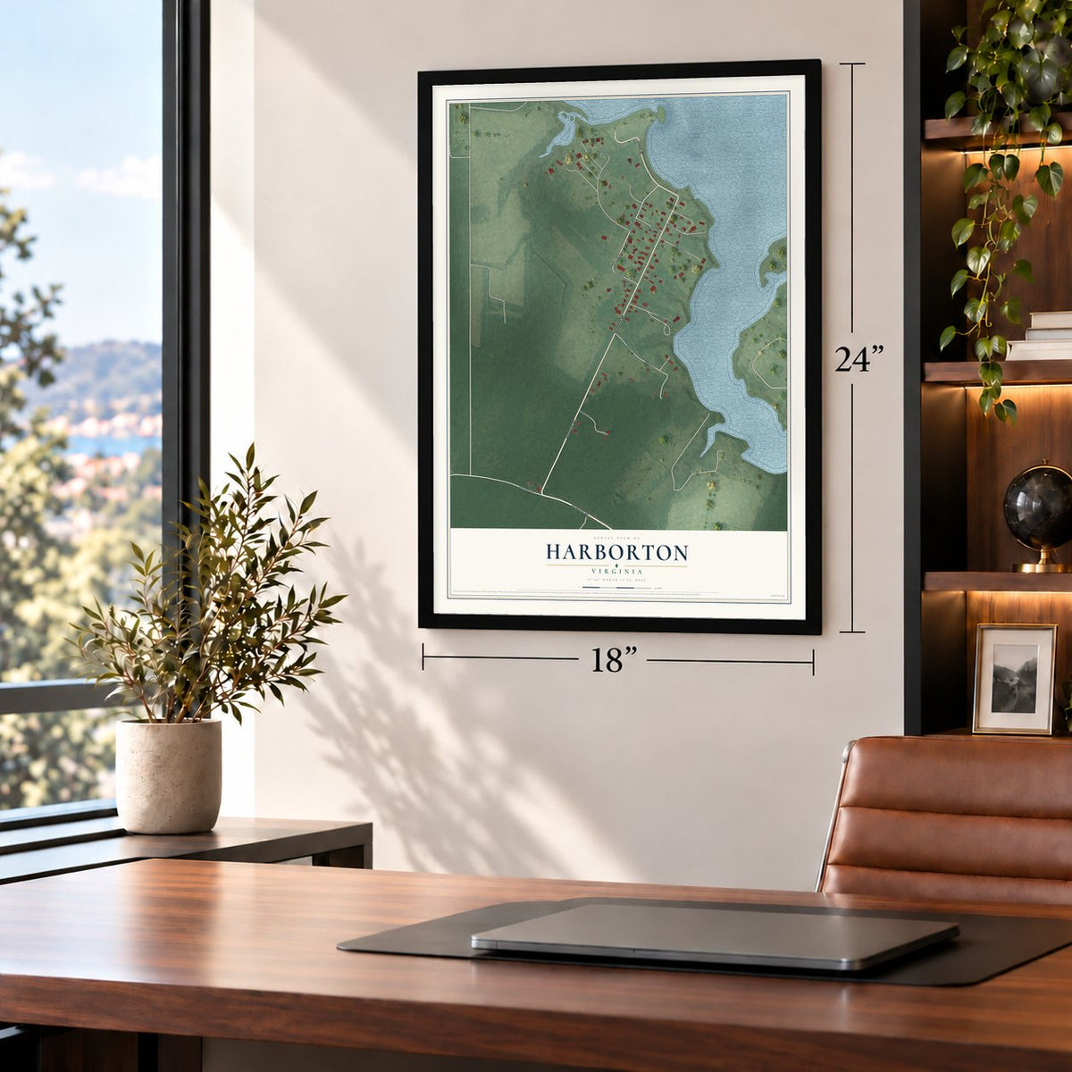 Harborton, Virginia map, 18 x 24 inch print in a black frame in a home office