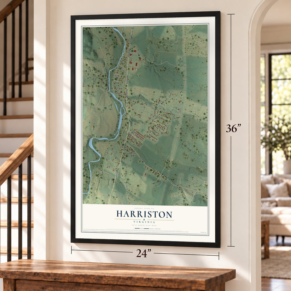 Harriston, Virginia map, 24 x 36 inch print in a black frame by a staircase