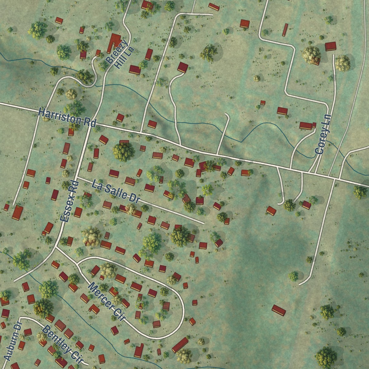 Close-up of the map of Harriston, Virginia print showing street and building detail